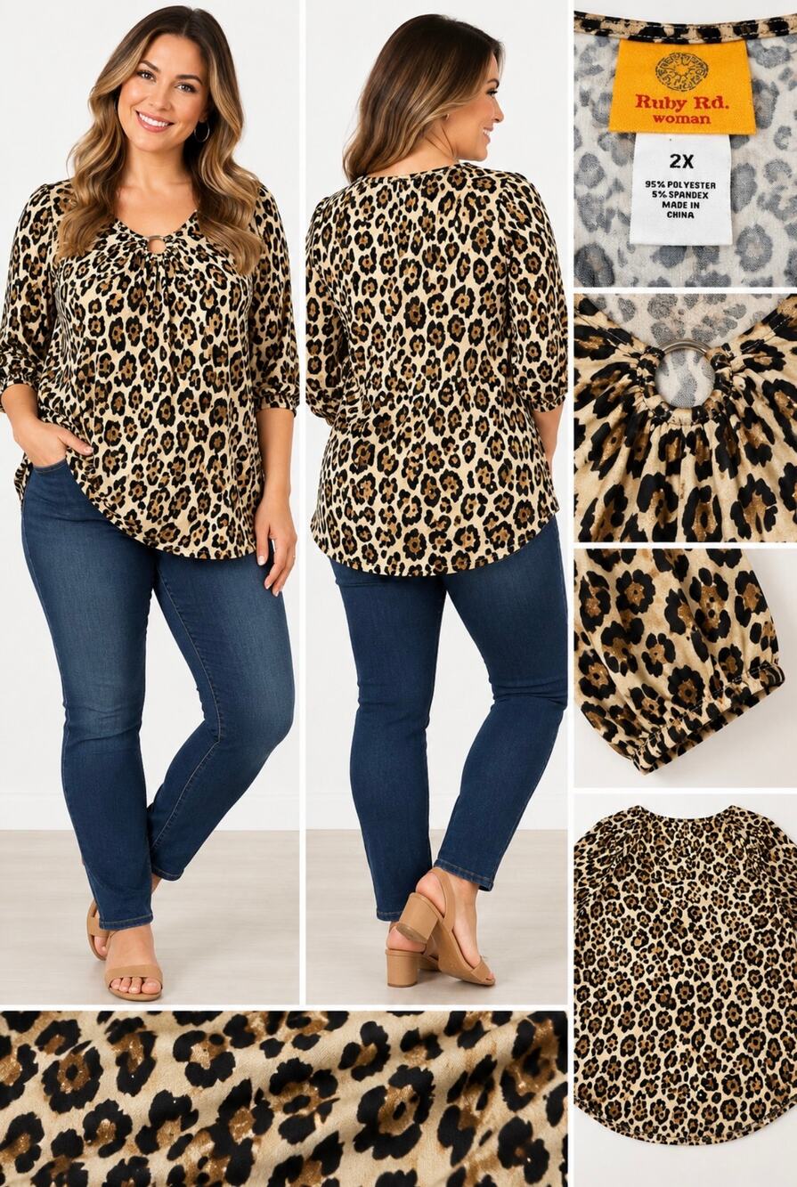 Ruby Rd Woman 2X Leopard Print Blouse Ring Neck 3/4 Sleeve Animal Print Top